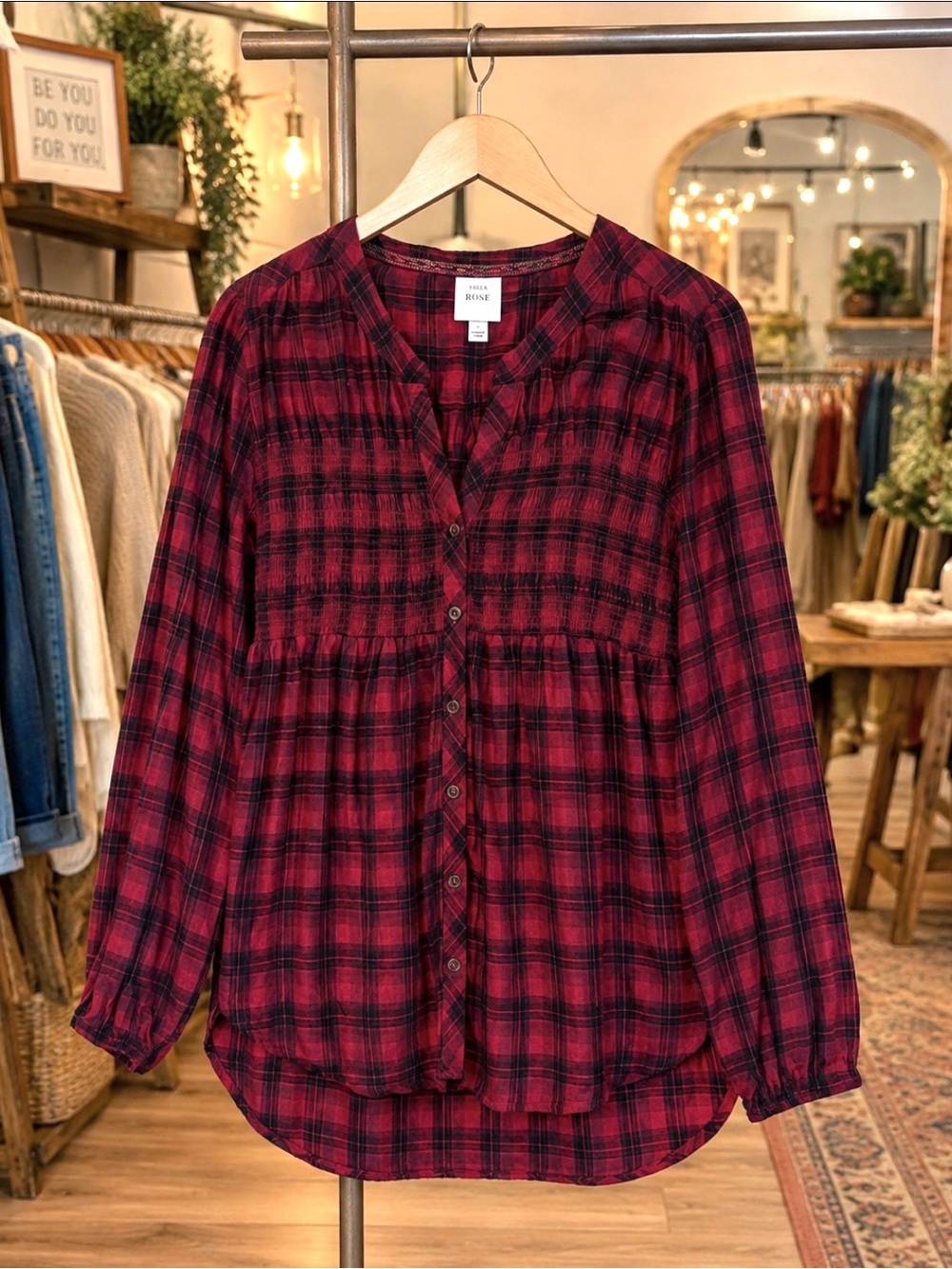Knox Rose Red and Black Plaid Button-Front Peasant Shirt